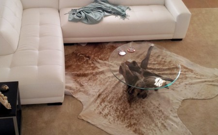 table-basse-bois-flotté-verre-tapis-peau-bête-canapé-angle-blanc