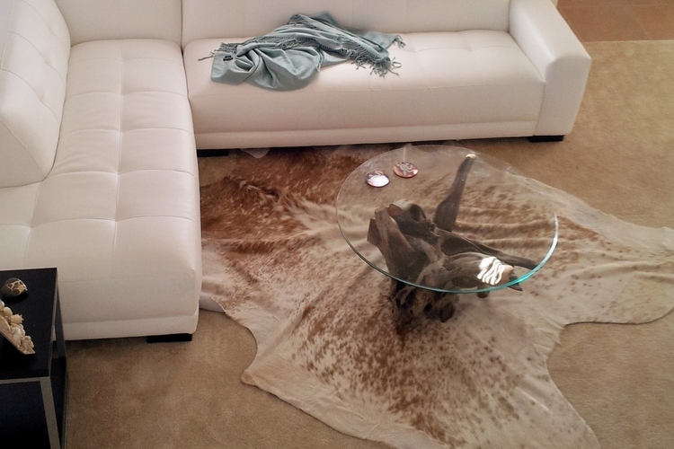 table-basse-bois-flotté-verre-tapis-peau-bête-canapé-angle-blanc