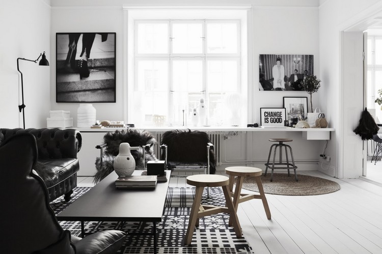 tapis scandinave -noir-blanc-patchwork-salon