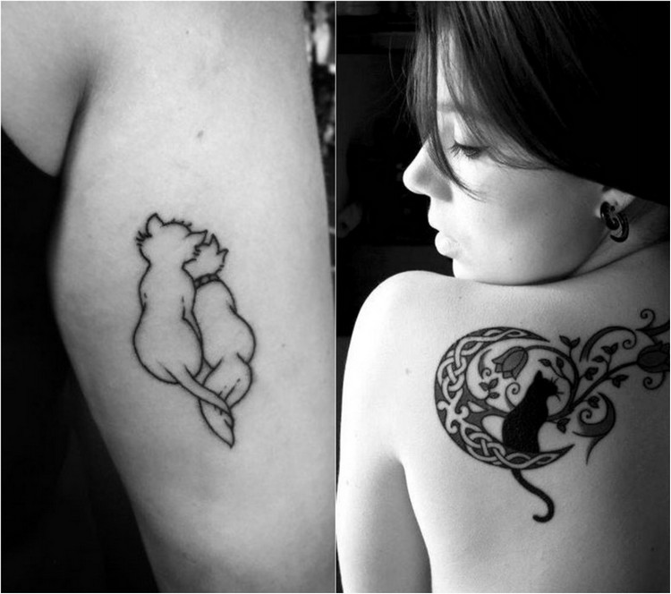 tatouage-chat-graphique-derrière-bras-chat-lune-omoplate-femme
