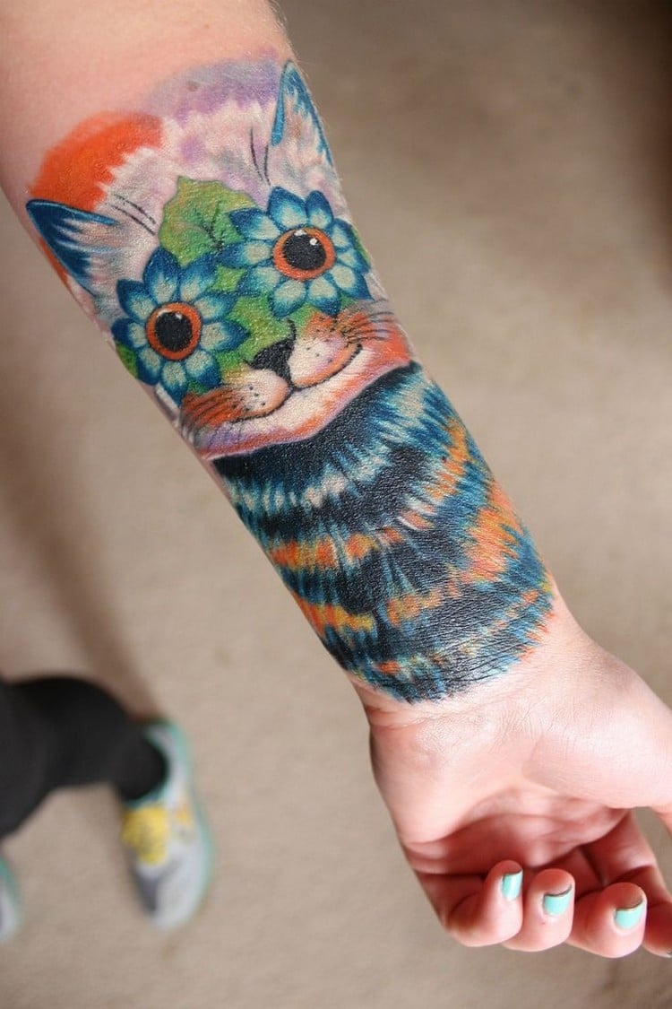 tatouage-chat-multicolore-avant-bras-esprit-crane-sucre-calavera