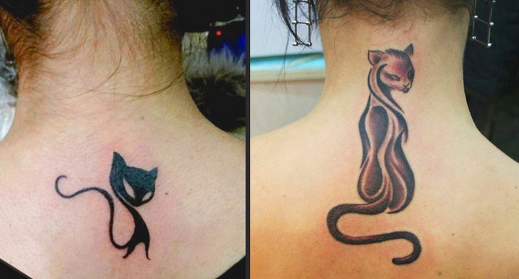 tatouage-chat-noir-stylisé-nuque-femme-contours-épais-ombrage