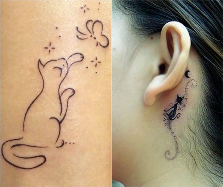 tatouage-chat-stylisé-graphique-contours-fins-derrière-oreille