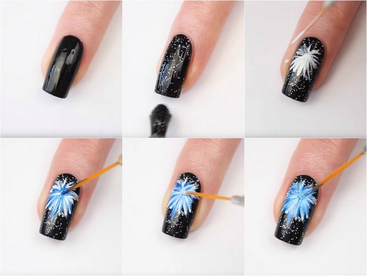 tuto nail art –nouvel-an-vernis-ongles-noir-motif-feu-artifice-bleu-blanc
