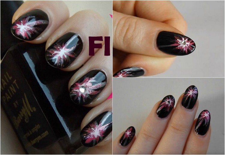 tuto nail art –nouvel-an-vernis-ongles-noir-motif-feu-artifice-strass