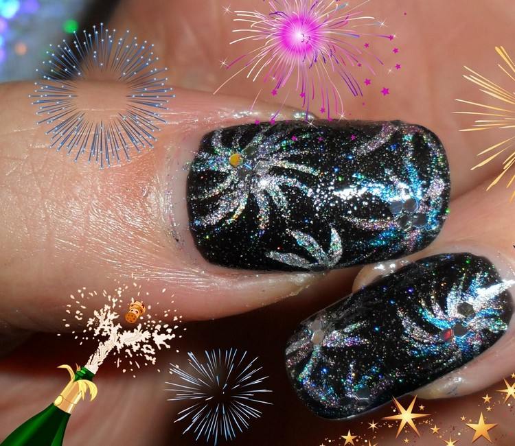 tuto nail art –nouvel-an-vernis-ongles-noir-motif-feux-artifice