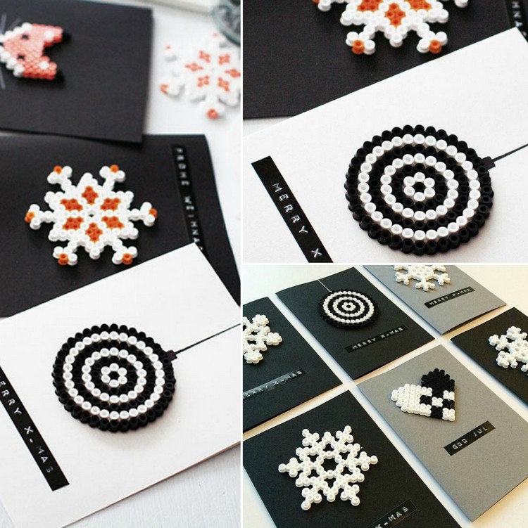 carte de vœux Noël diy-perles-decoratives-noir-blanc-orange-symboles-noel