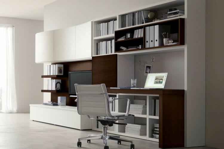 aménagement-bureau-blanc-laqué-bois-marron-chaise