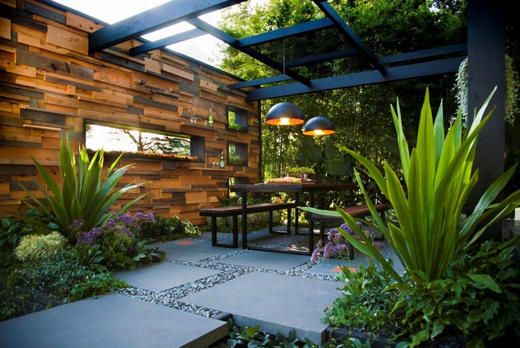 aménagement jardin extérieur -moderne-brise-vue-moderne-bois-salon-jardin-bois-allee-dalles-beton