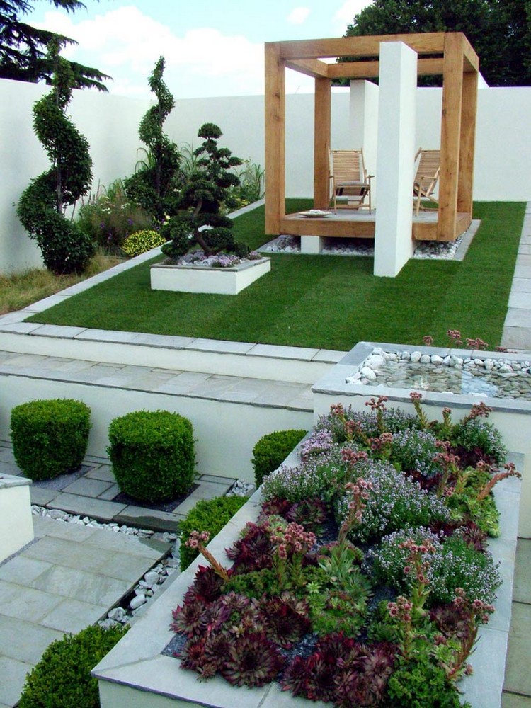 aménagement jardin extérieur -pergola-bois-moderne-composition-succulentes-buis