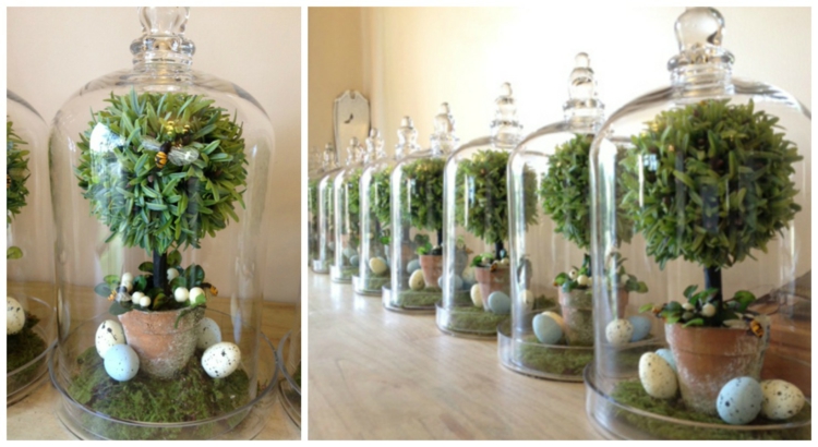 cloches-verre-décoratives arbres miniatures pots oeufs de Pâques