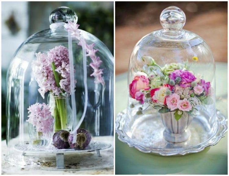 cloches-verre décorées fleurs printanières jacinthes roses renoncules