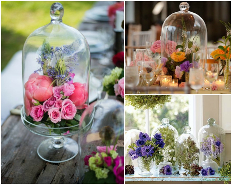 cloches en verre remplies fleurs printemps table originale