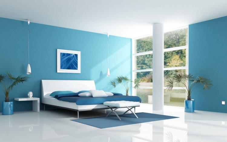 couleur-peinture-bleu-clair-lit-métallique-tapis-chevet