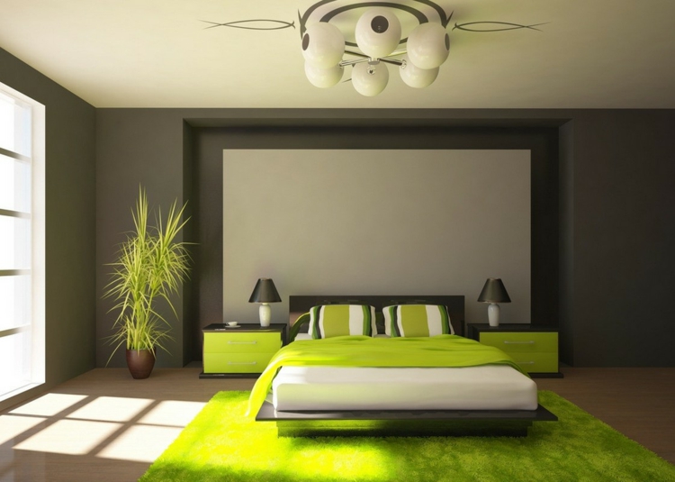 couleur-peinture-tendance chambre taupe tapis accent vert fluo
