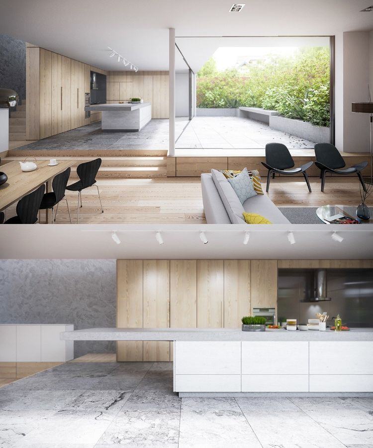 cuisine bois et blanc -armoires-cuisine-bois-clair-ilot-blanc-beton-carrelage-beton