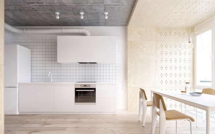 cuisine bois et blanc -carrelage-carre-blanc-panneaux-muraux-bois-clair-plafond-beton