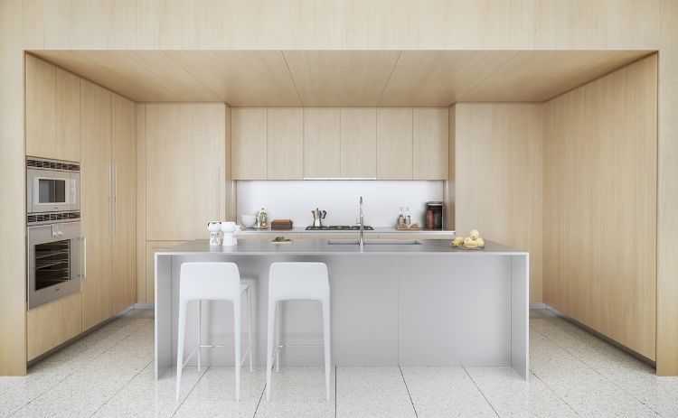 cuisine bois et blanc -facade-armoires-bois-clair-ilot-blanc