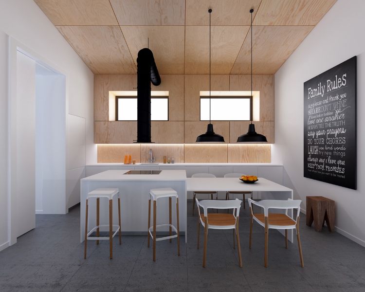 cuisine bois et blanc -faux-plafond-bois-suspensions-style-indistriel-chaises-design