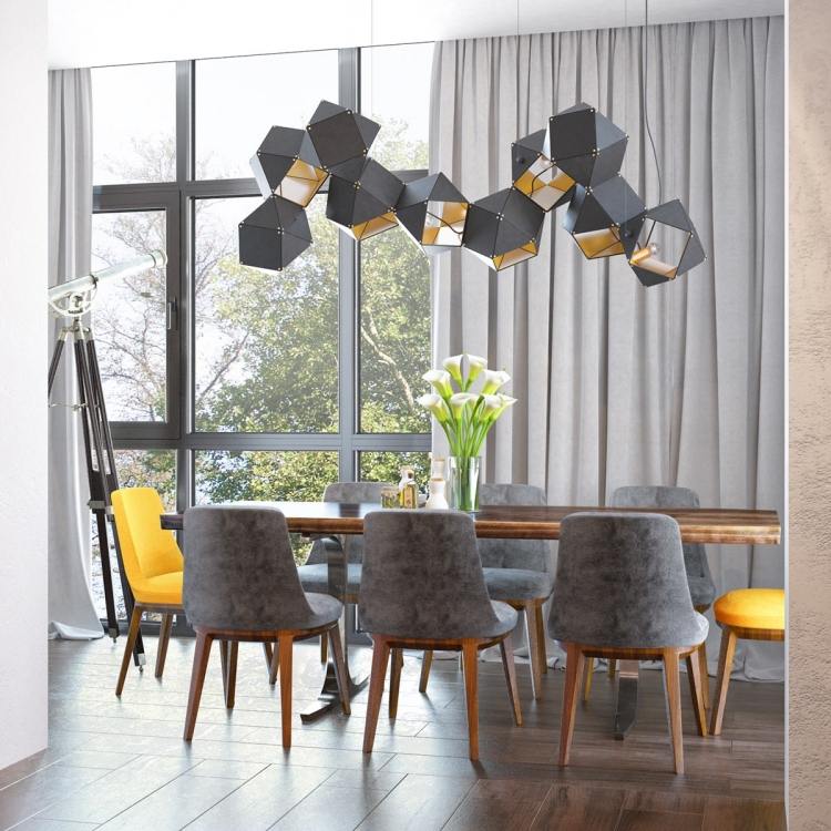 Cuisine ouverte sur salon aux accents gris et jaunes ! Suspension design cuisine