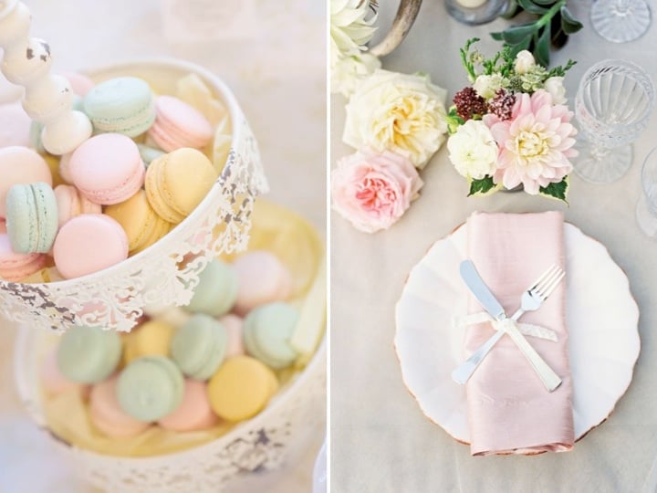 déco table Saint-Valentin -romantique-presentoir-macarons-couleurs-pastel-serviette-rose-pastel
