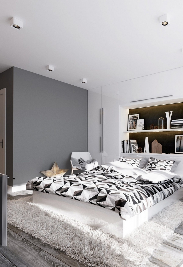 décoration-chambre-adulte-blanche-grise-couvre-lit-motifs-géométriques