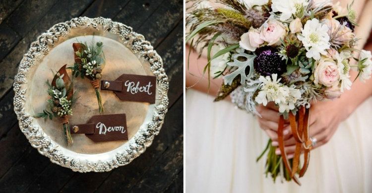 décoration-mariage-originale-avec-cuir-boutonnières-bouquet-lanières