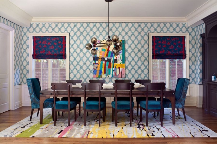 décoration-salle-manger-papier-peint--bleu-table-bois