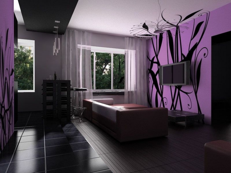 décoration salon moderne canapé-cuir-murs-violet