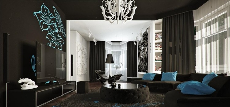 décoration-salon-moderne-canapé-noir-table-ronde