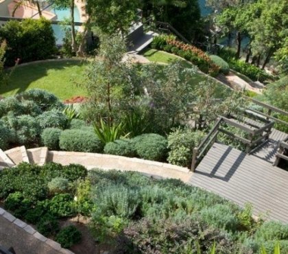 jardin-pente-moderne-terrasse-bois-arbustes-buis