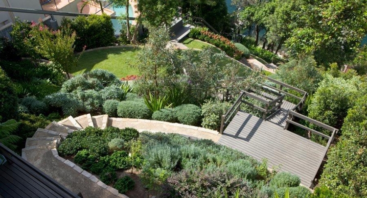 jardin-pente-moderne-terrasse-bois-arbustes-buis