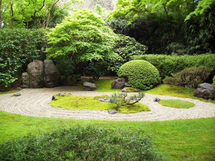 jardin zen moderne-forme-ovale-mousse-vegetale-sable-bordure-haie