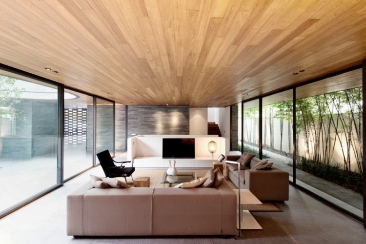 Lambris bois plafond associé au sol dans une maison design ! Inspiration Vegetal plafond