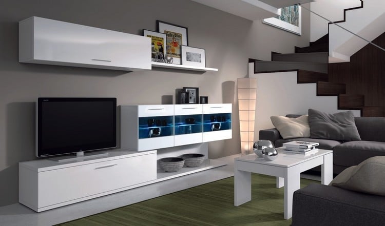 meuble-tv-mural blanc armoire vitrine éclairage LED intégré