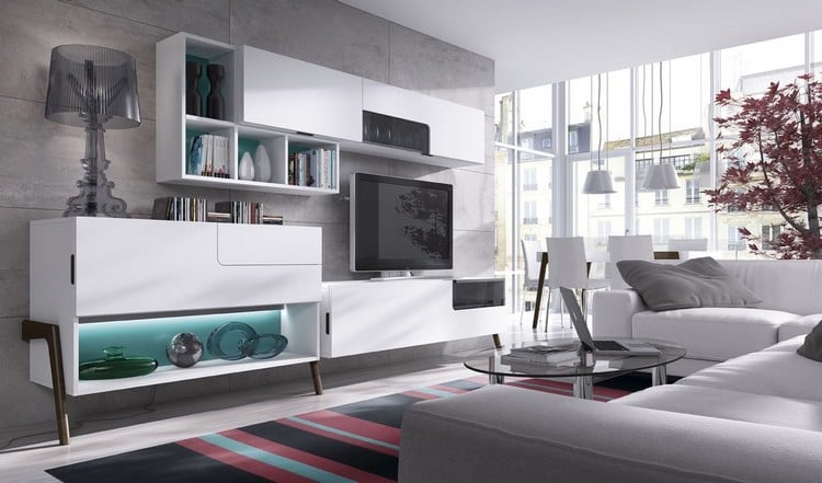 meuble-tv-mural blanc armoires rangement sans poignées