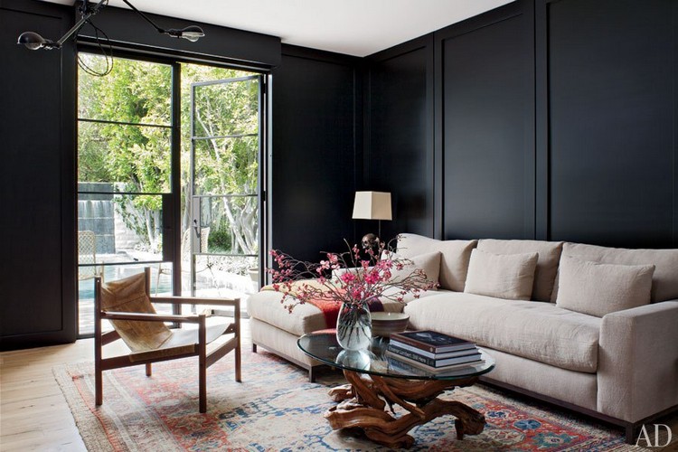 peinture salon moderne -noir-mat-canape-taupe-tapis-motifs