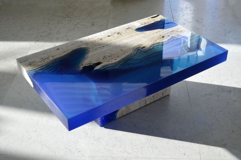 tables basses design travertin résine bleu azur- Lagoons