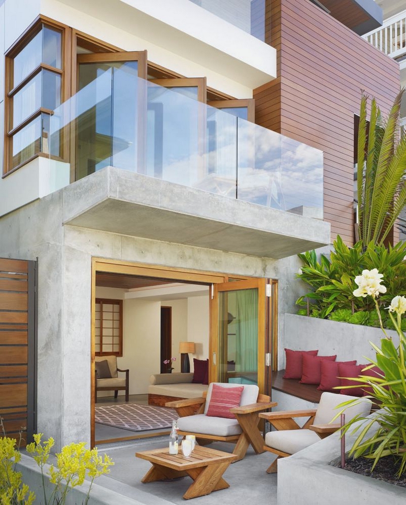terrasse-moderne béton lissé meubles jardin bois plantes