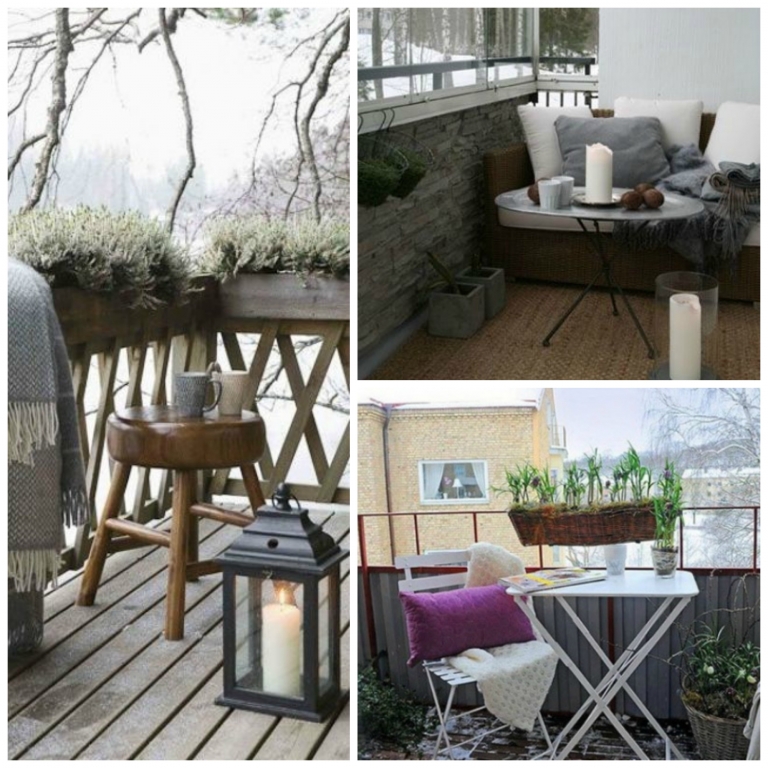 aménager-balcon-tabouret-bois-table-blanc-neige-lanternes