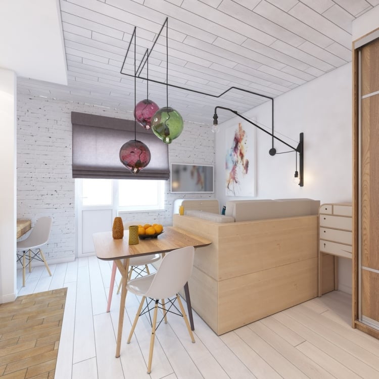 aménager-studio-plafond-bois-canapé-design-suspension