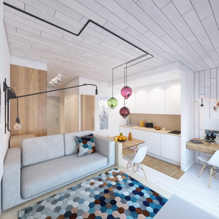 aménager-studio-plafond-bois-scandinave-industriel-tapis