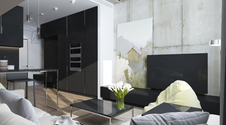aménager-studio-table-noir-meuble-télé-assorti-mur-brique