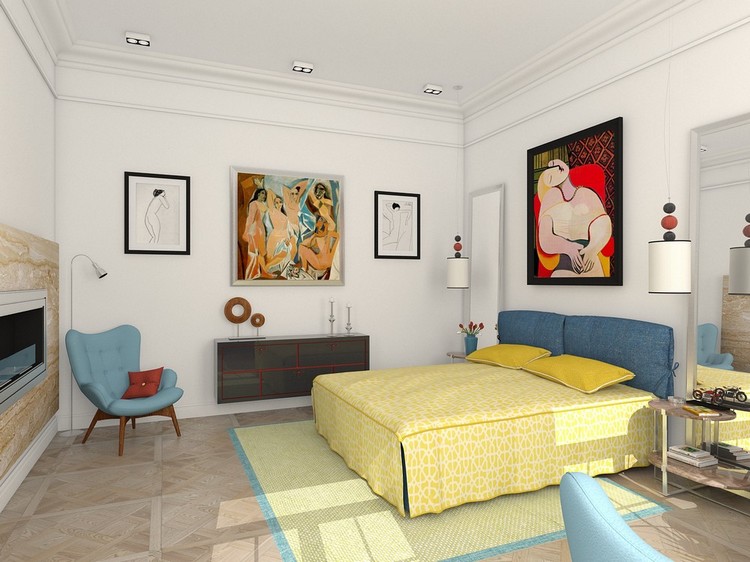 chambre-blanche-eclectique-tableaux-picasso-lit-jaune-bleu
