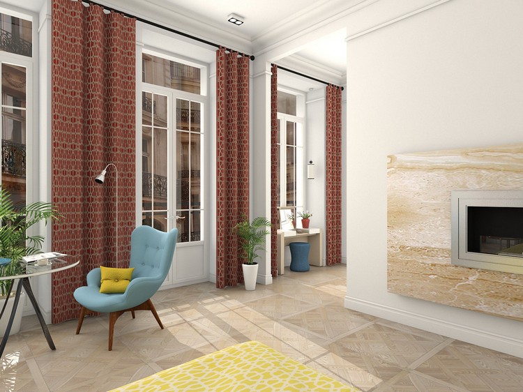 chambre-eclectique-rideaux-rouges-fauteuil-bleu-ciel-tapis-jaune-cheminee-moderne