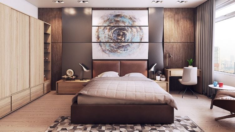 couleurs chaudes -chambre-coucher-tete-lit-cuir-marron-panneaux-muraux-bois-effet-satine