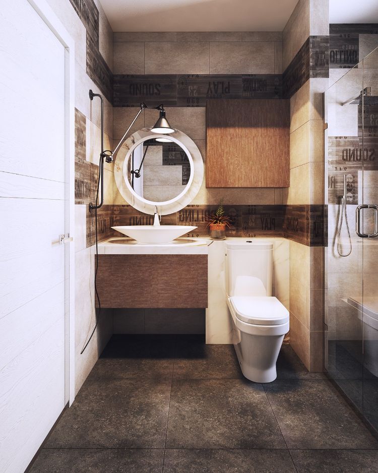 couleurs chaudes -salle-bains-moderne-carrelage-marron-gris-meuble-vasque-bois