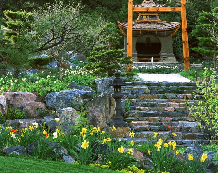 création de jardin –style-asiatique-marches-escalier-pierre-naturelle-jonquilles