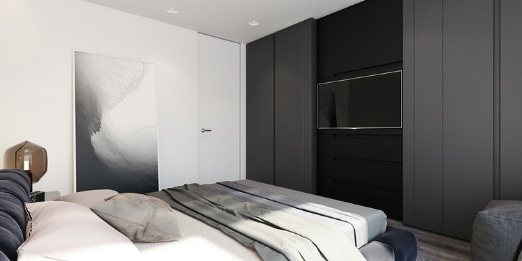 décoration-noir-blanc-chambre-coucher-adulte-télé-murale