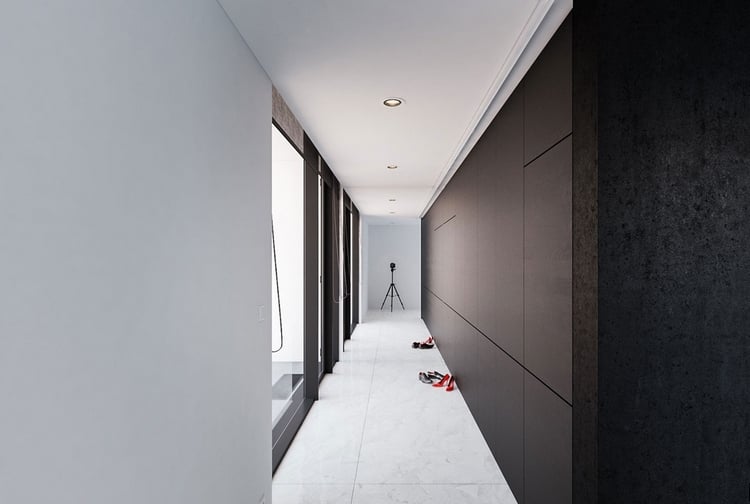 décoration-noir-blanc-couloir-armoires-rangement-encastrées